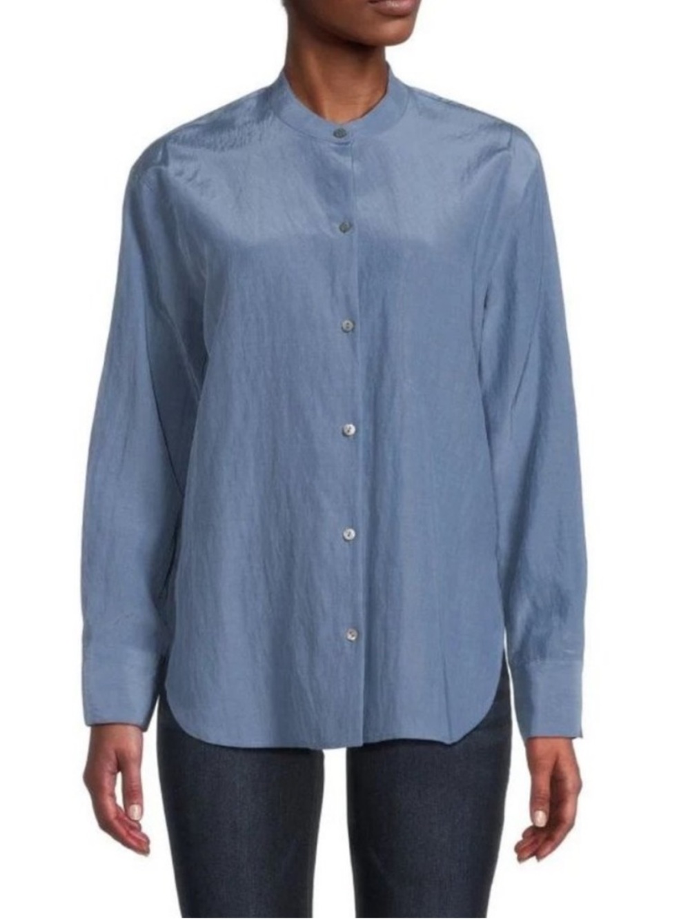 Vince Bishop Collar Cupro Blend Shirt Long Sleeve Button Down Hydrangea Blue